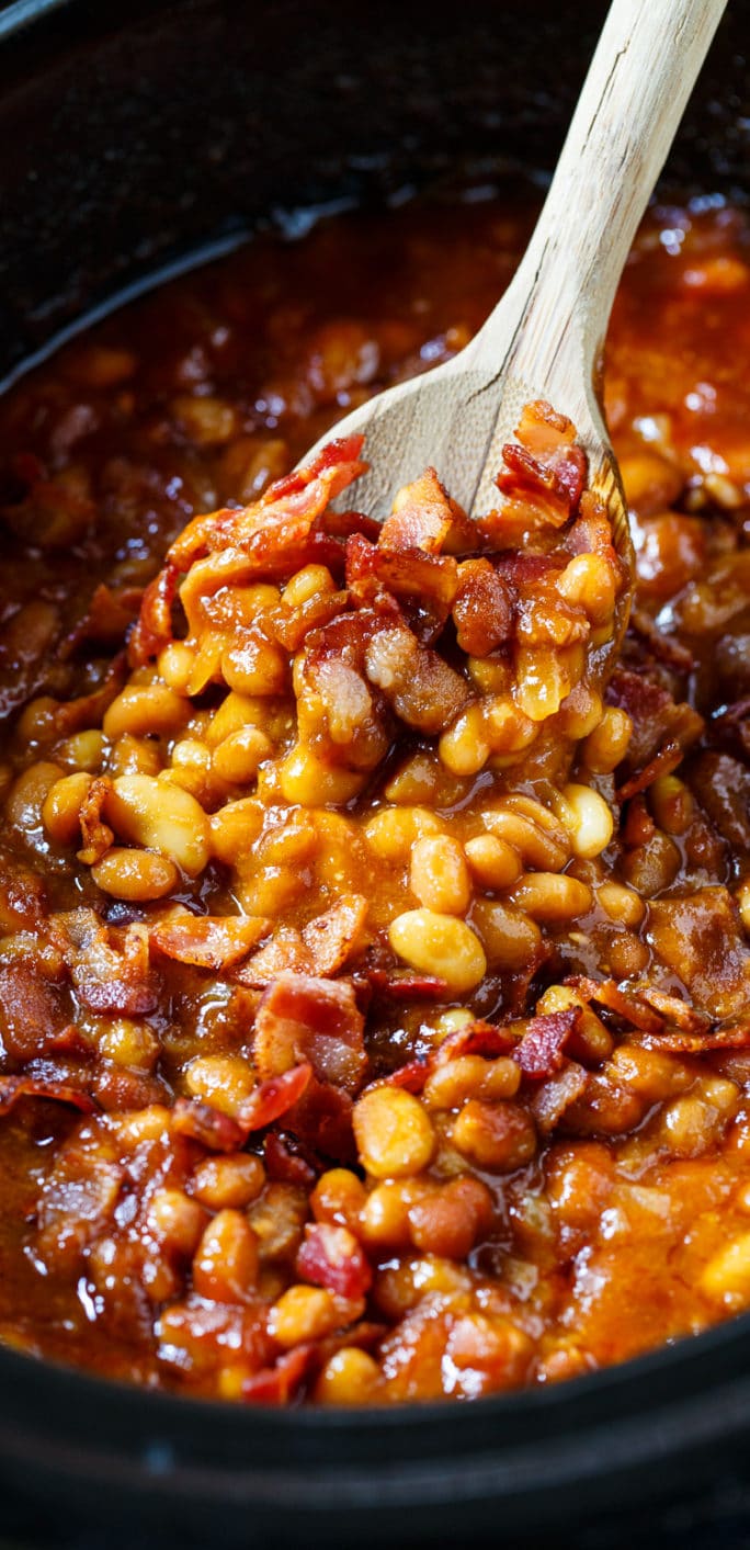 Slow Cooker Bourbon Baked Beans - Spicy Southern Kitchen