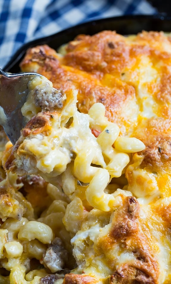 Breakfast Mac and Cheese with lots of sausage and a crumbled biscuit topping.