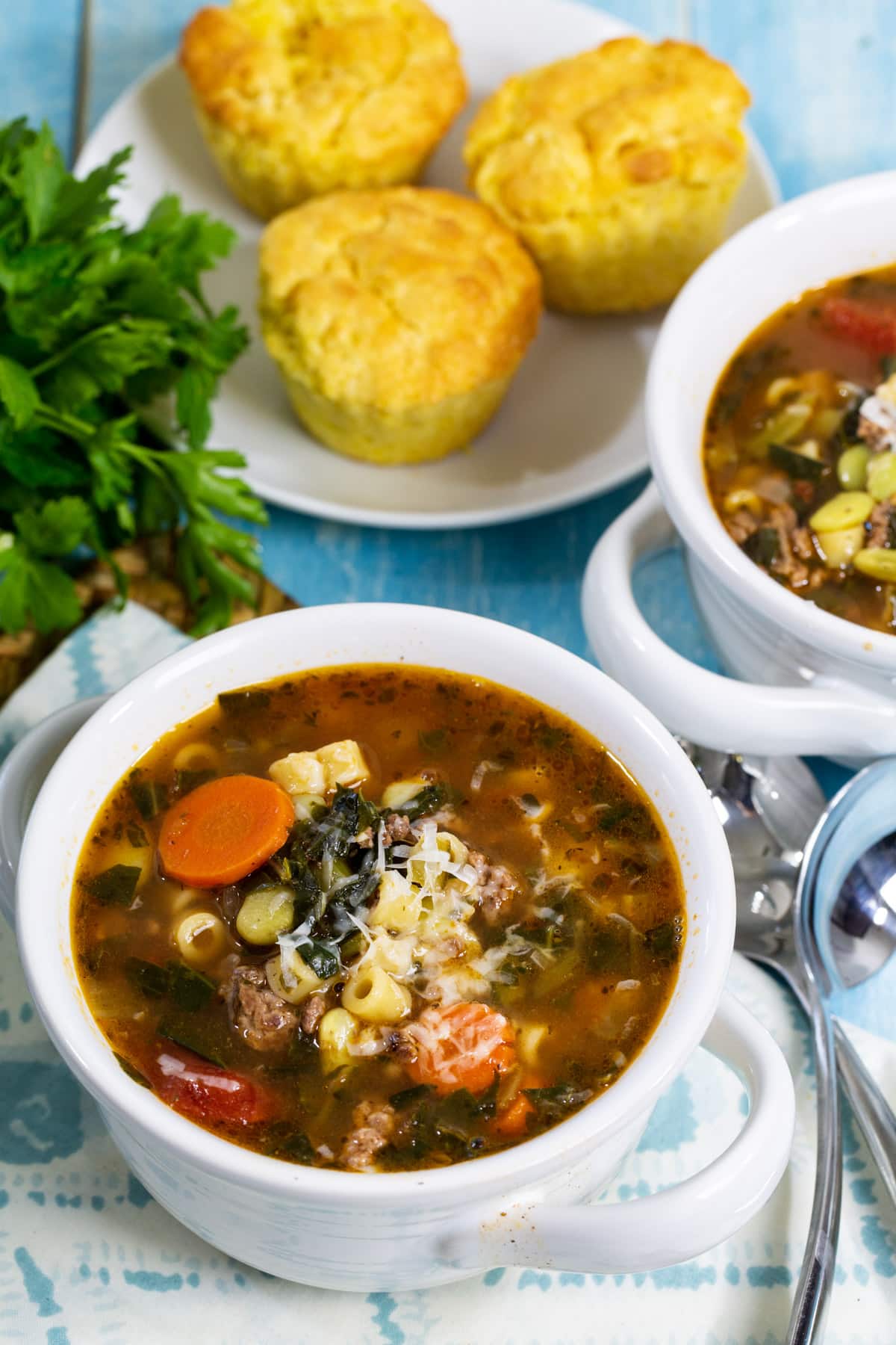 Southern Minestrone dished up in bowls.