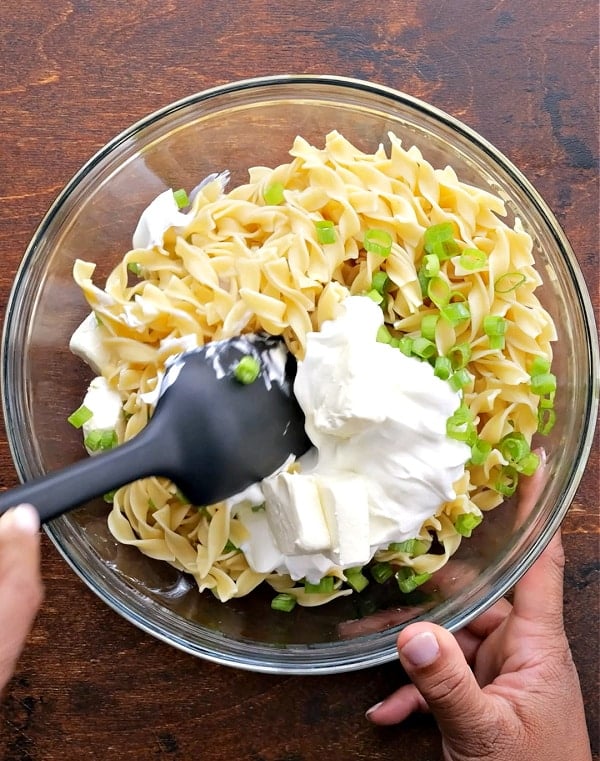 Noodle layer ingredients in a bowl.