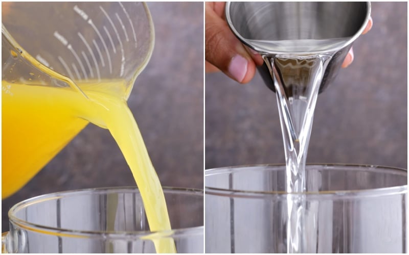 Ingredients being poured into a pitcher.