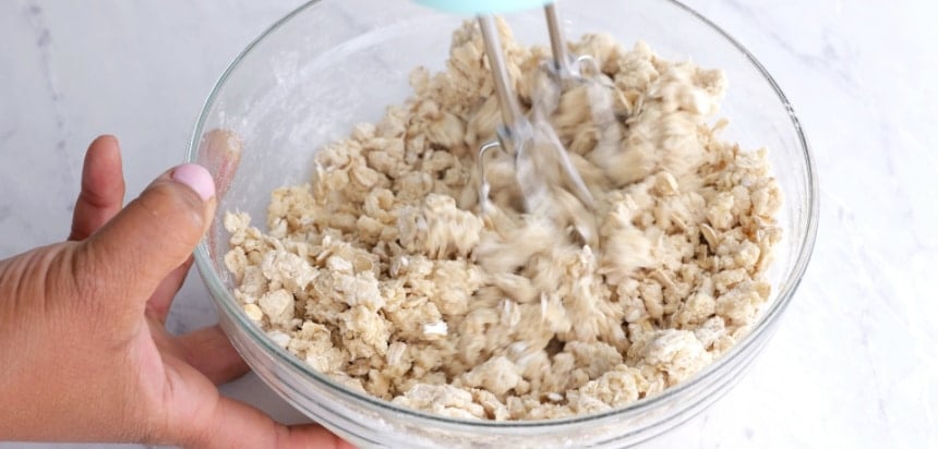 Oat mixture added to butter mixture.