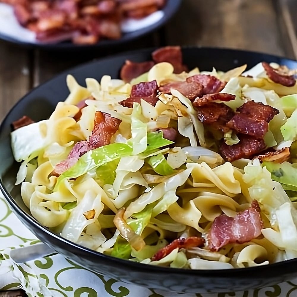 Cabbage and Noddles in a serving bowl.