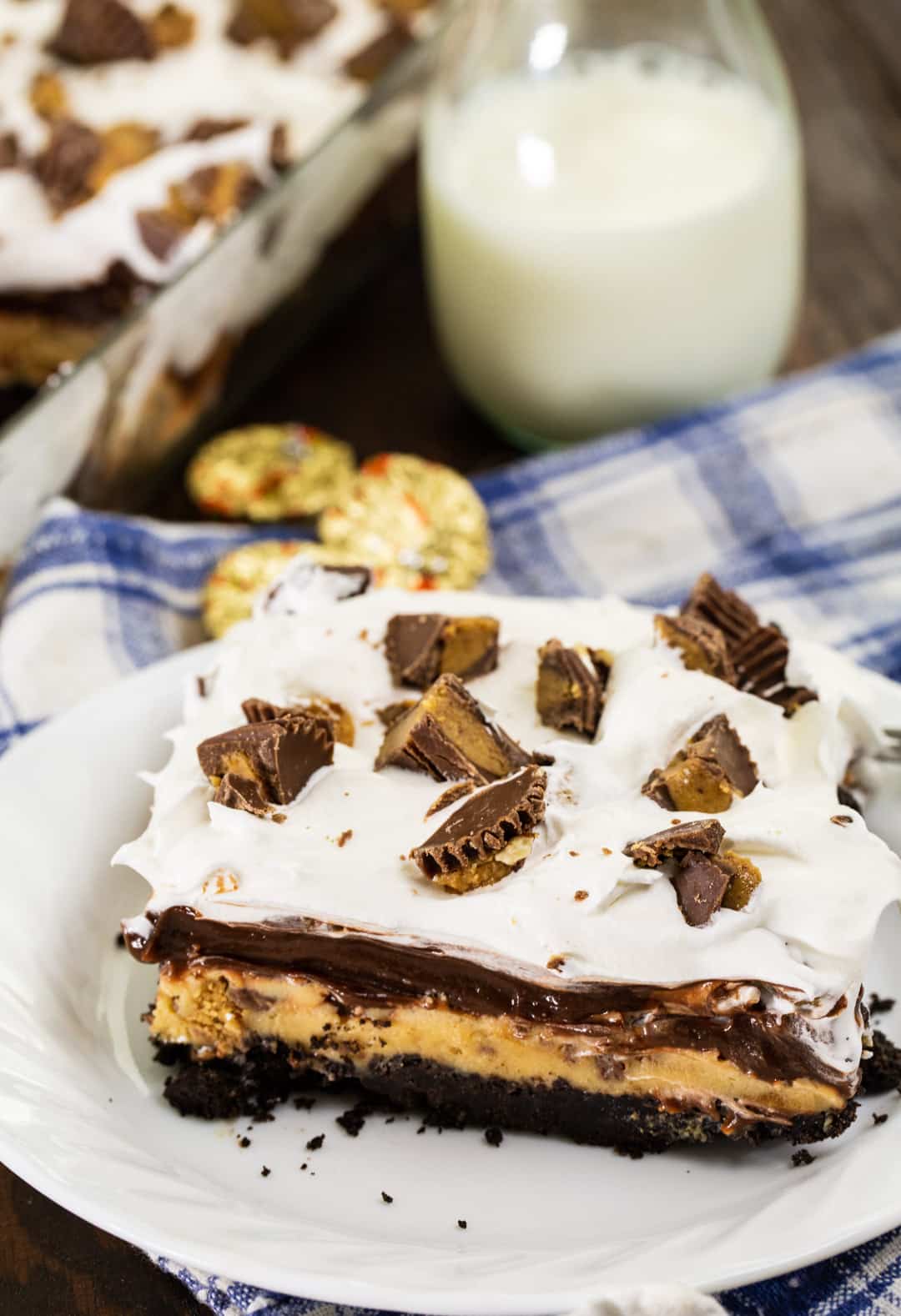 Chocolate Peanut Butter Layer Dessert slice on a plate.