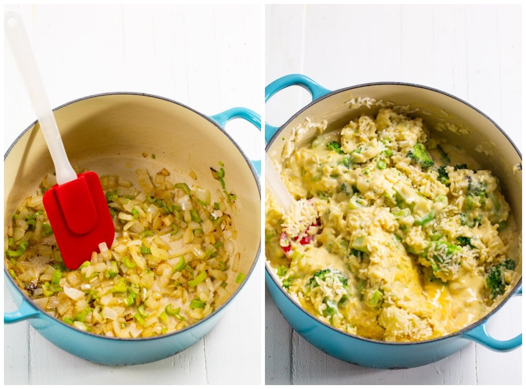 Celery and onions in Dutch oven.