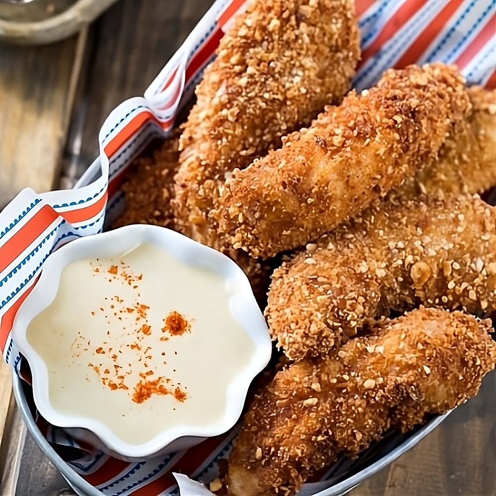 Peanut Crusted Chicken Fingers with small bowl of dipping sauce.