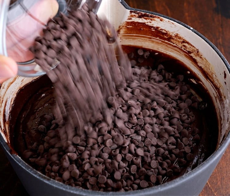 Adding chocolate chips.