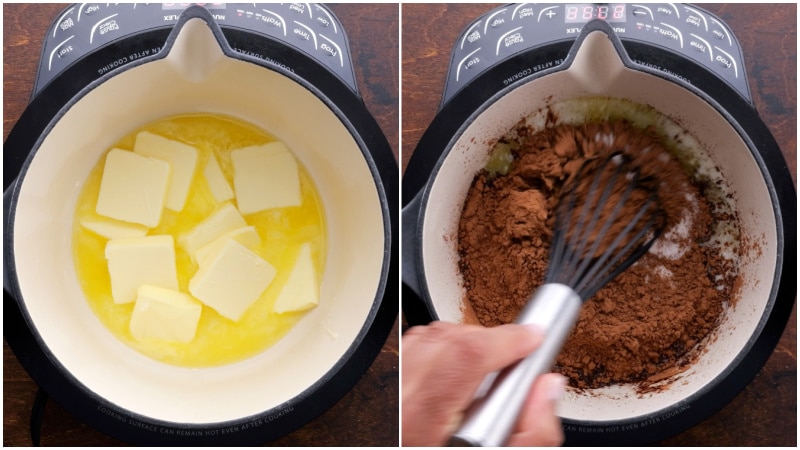Mixing brownie batter.