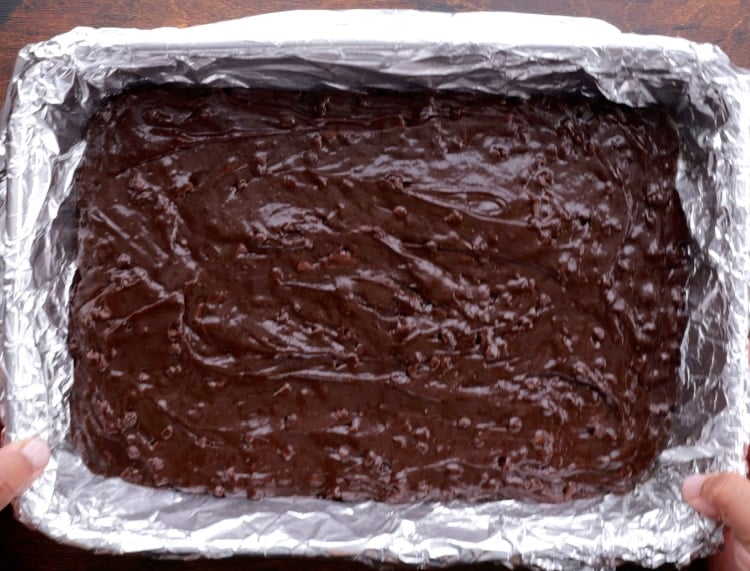 Brownie batter in pan.