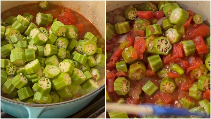 Simmering the okra and tomatoes.