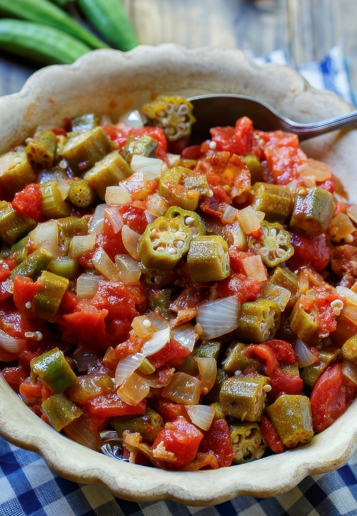Stewed Okra and Tomatoes in a serving bowl.