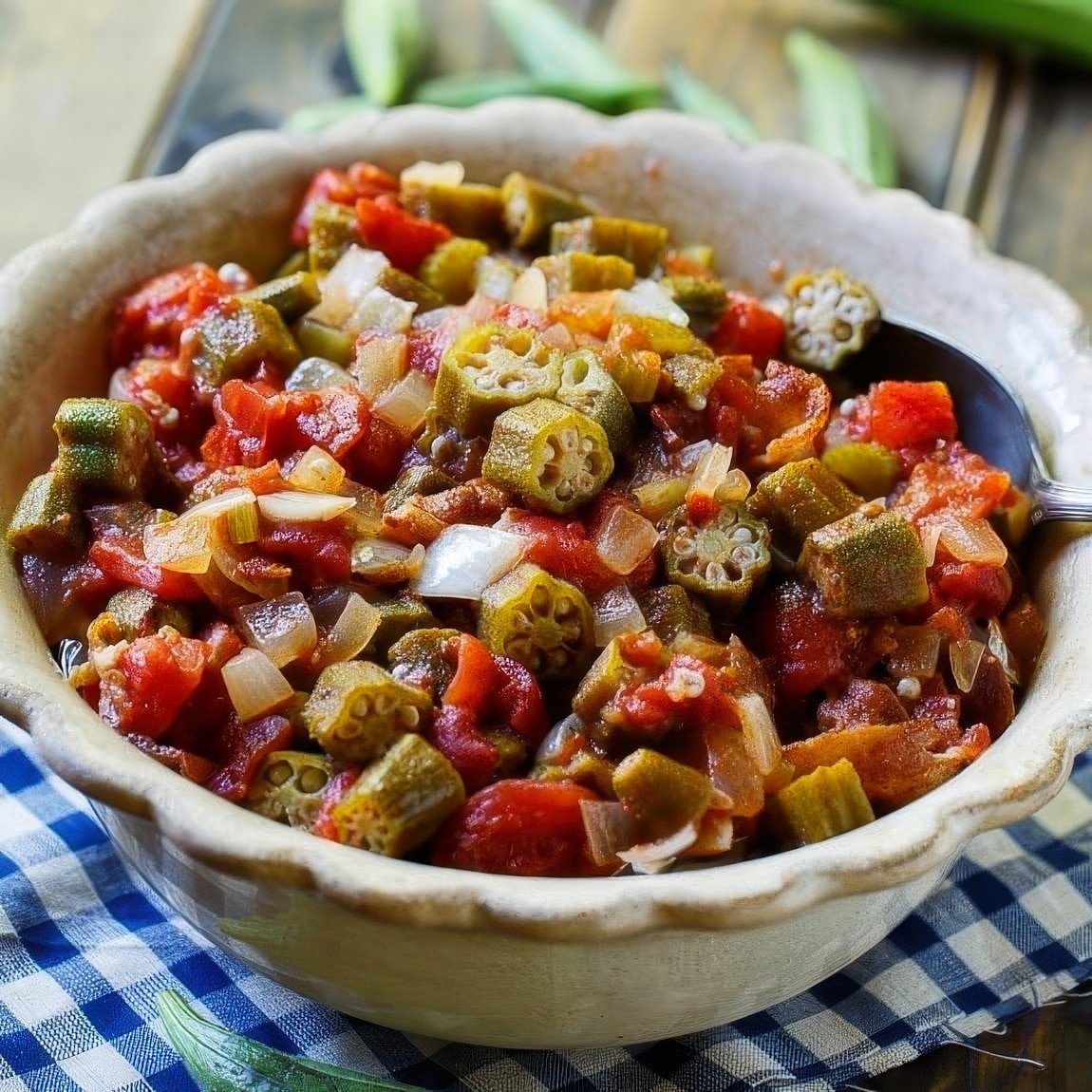 Stewed Okra and Tomatoes in a serving bowl.