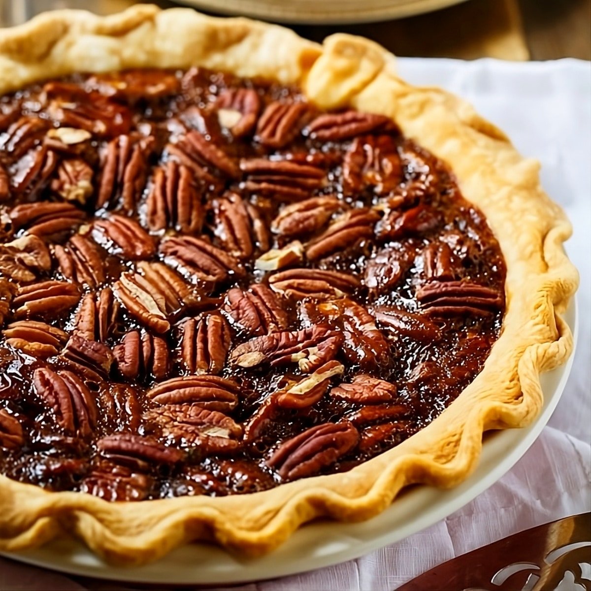 Whole pecan pie in a pie plate.