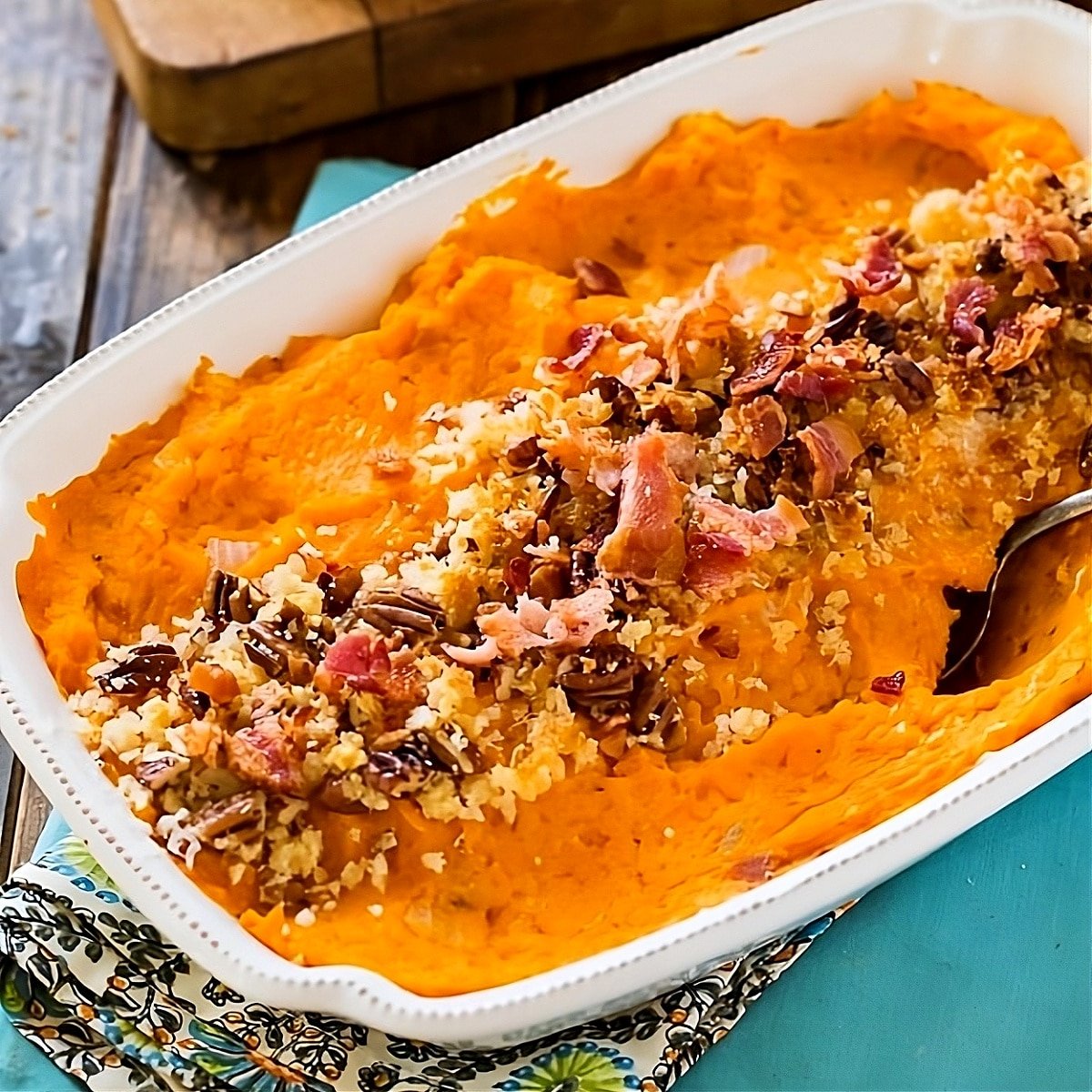 Savory Sweet Potato Casserole in a baking dish.