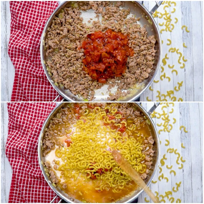 Diced tomatoes and macaroni added to pan.