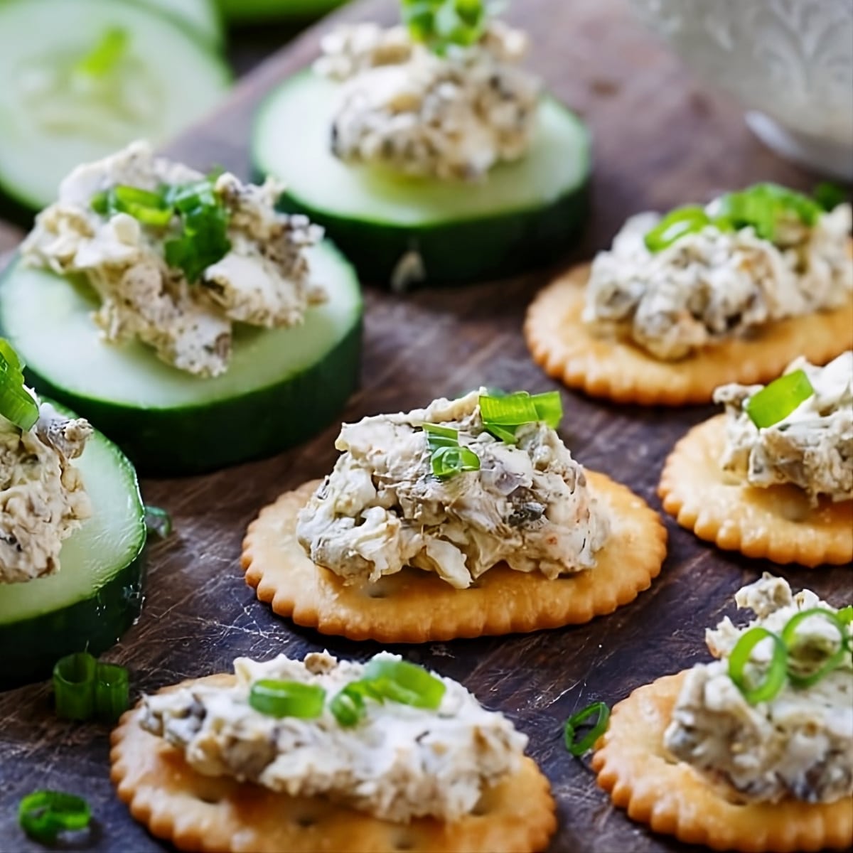 Smoked Oyster Spread on crackers and cucumber slices.