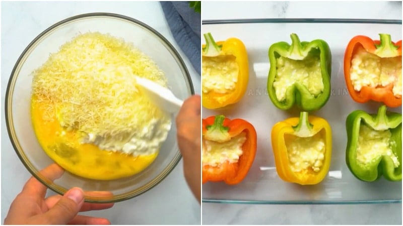 Mixing the cottage cheese mixture and placing in peppers.