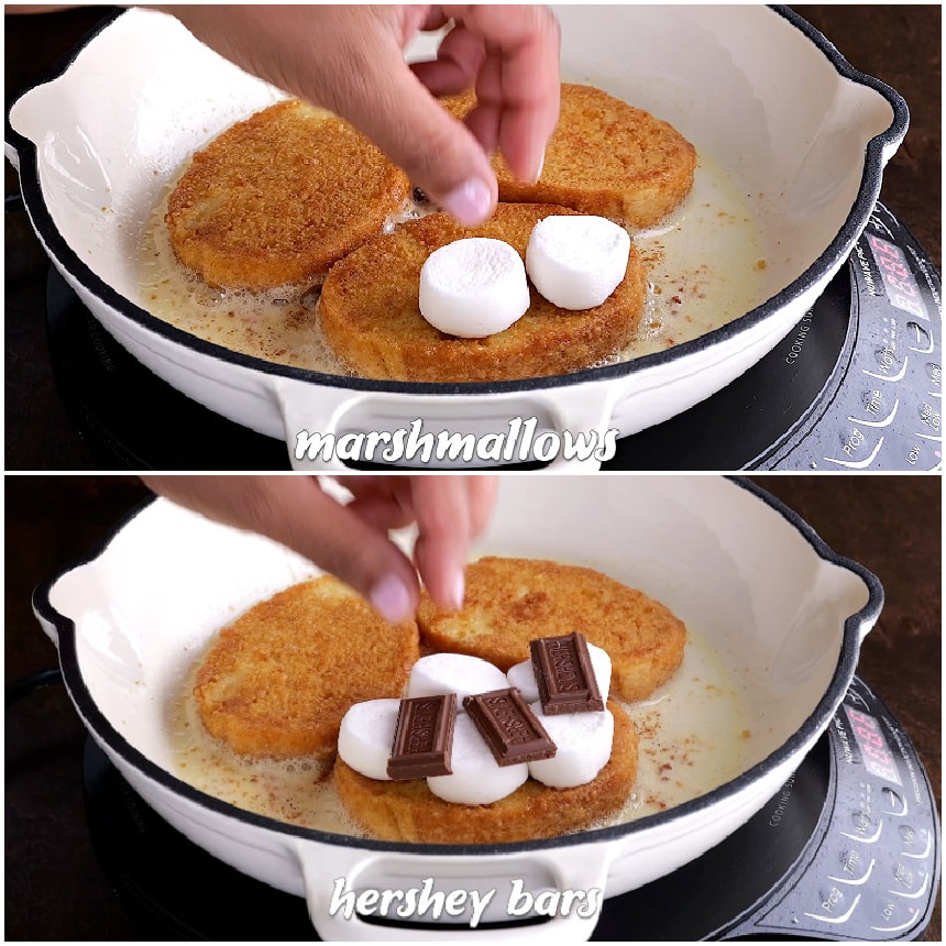 Placing marshmallows and chocolate on French toast.