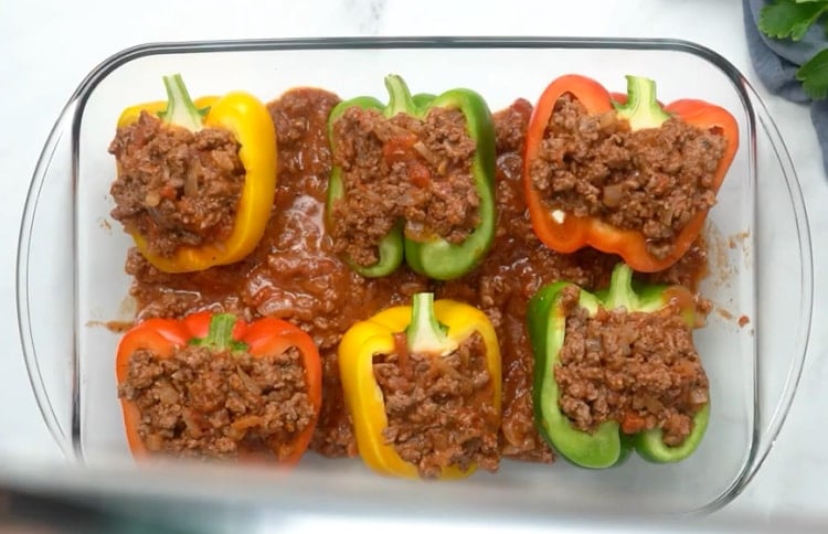 Ground beef mixture in peppers.