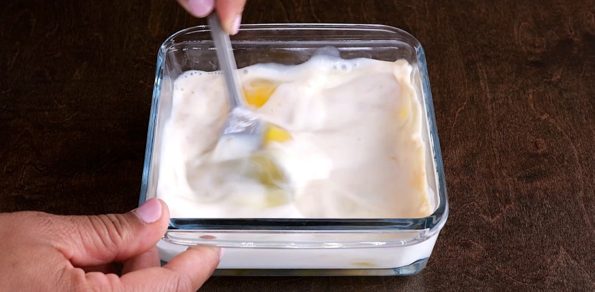 Mixing together egg mixture.