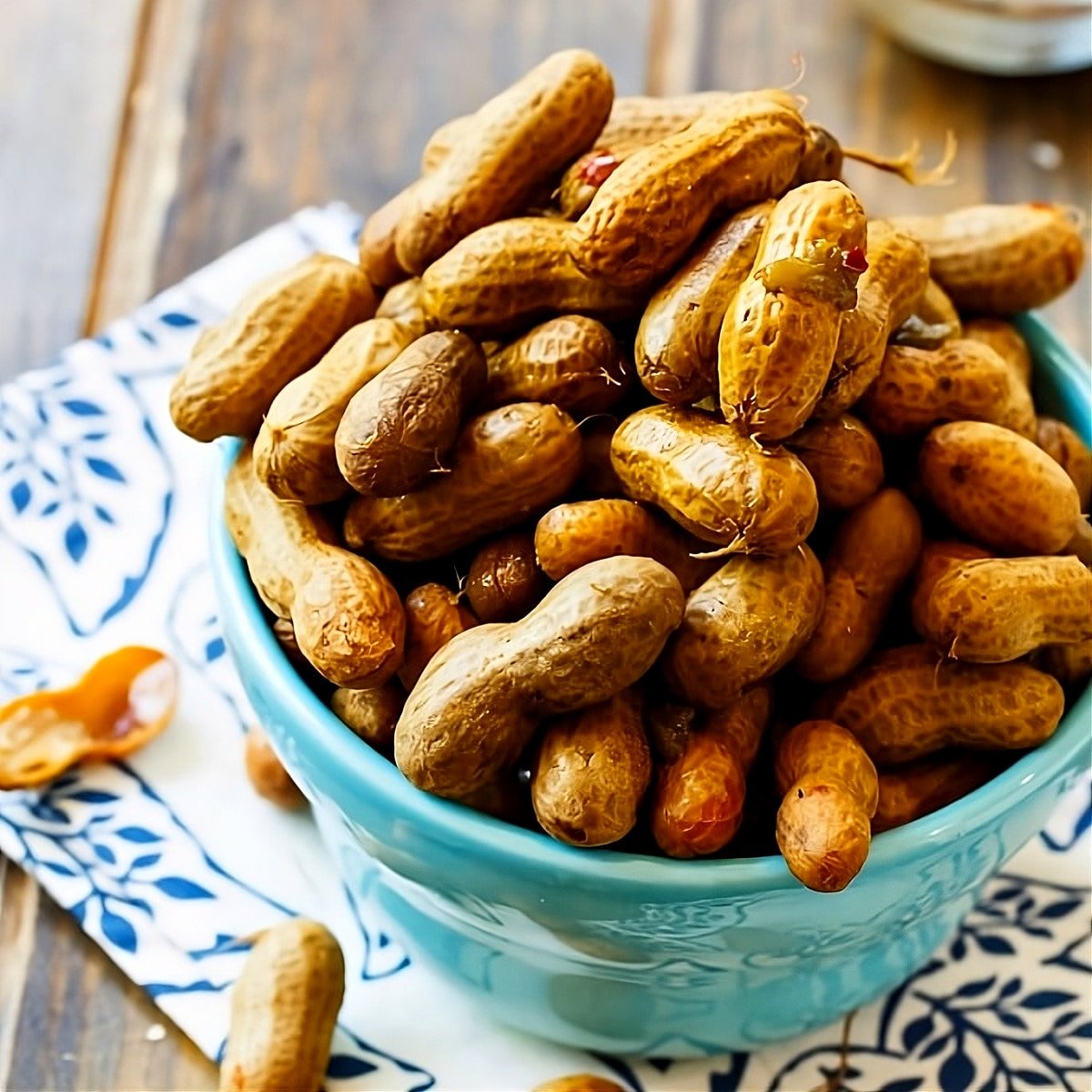 Boiled Peanuts in a blue bowl.