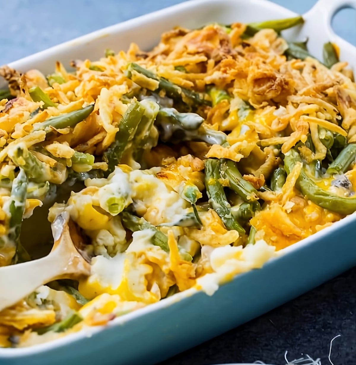 Mashed Potato Green Bean Casserole in a baking dish.