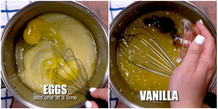 Adding the eggs and vanilla.