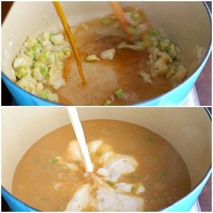 Stirring in beef broth and half-and-half.