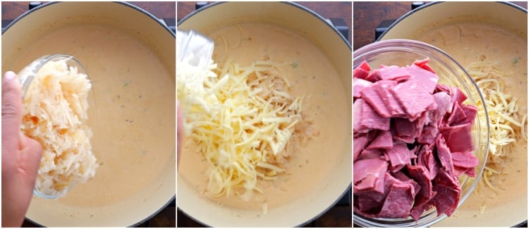 Adding sauerkraut, swiss cheese, and corned beef.