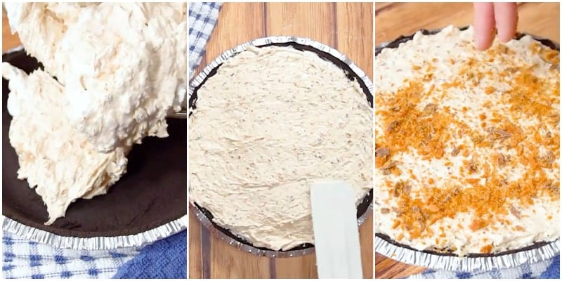 Transferring filling to pie crust.
