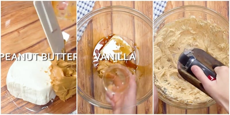 Mixing peanut butter and cream cheese together.