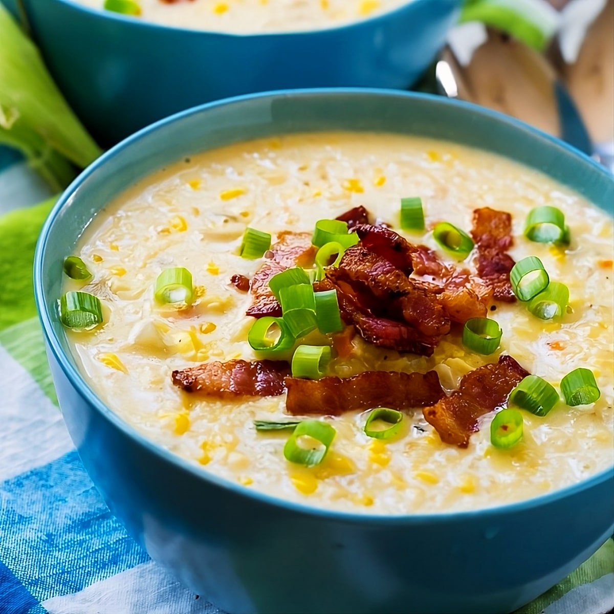 Corn Chowder topped with crumbled bacon in a bowl.