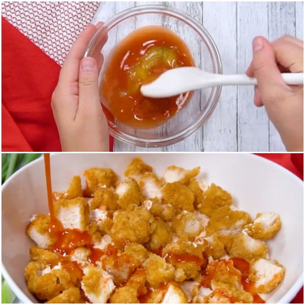 Mixing hot sauce mixture and drizzling on chicken.