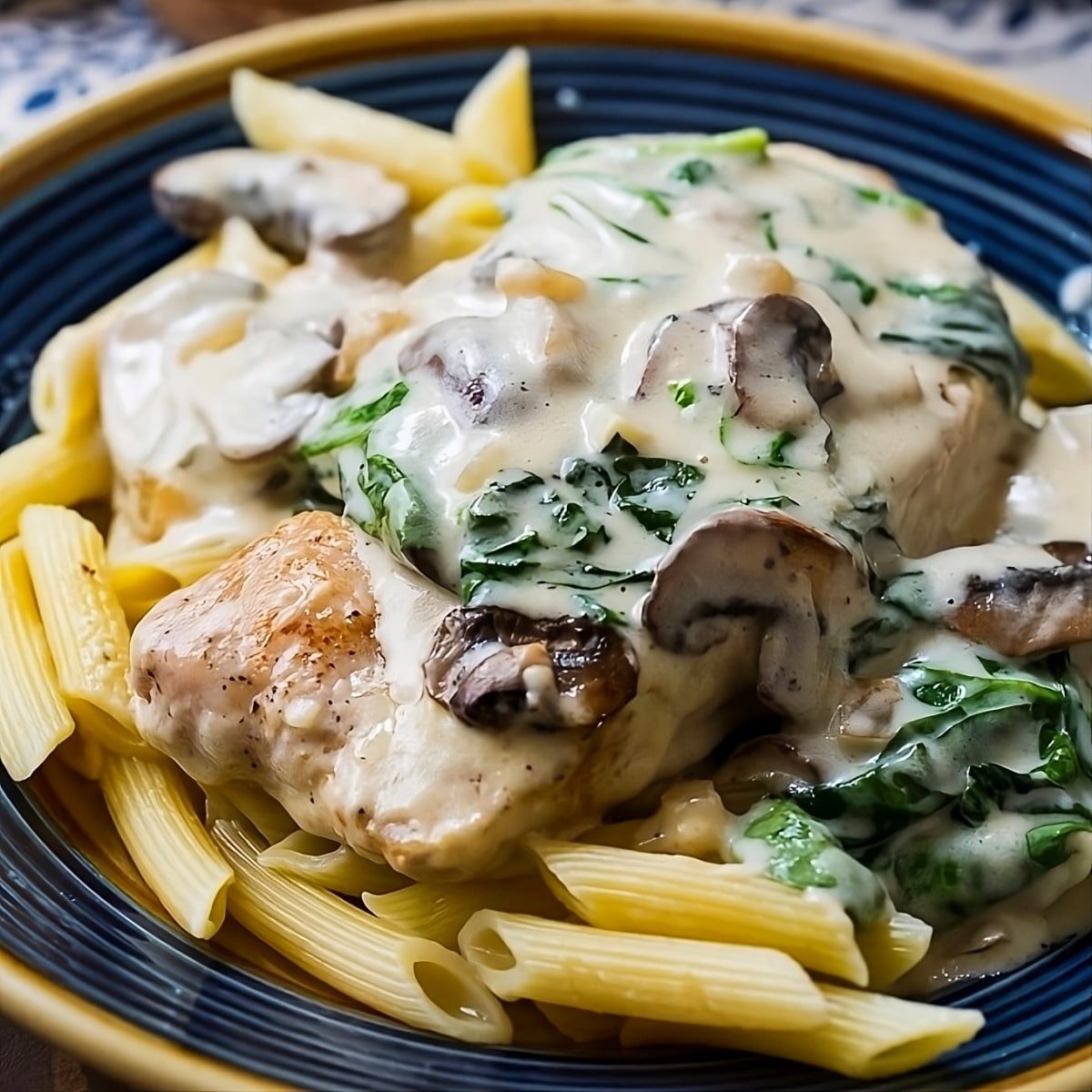 Creamy Parmesan Pork Chop over pasta.