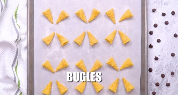 Bugles on baking sheet.