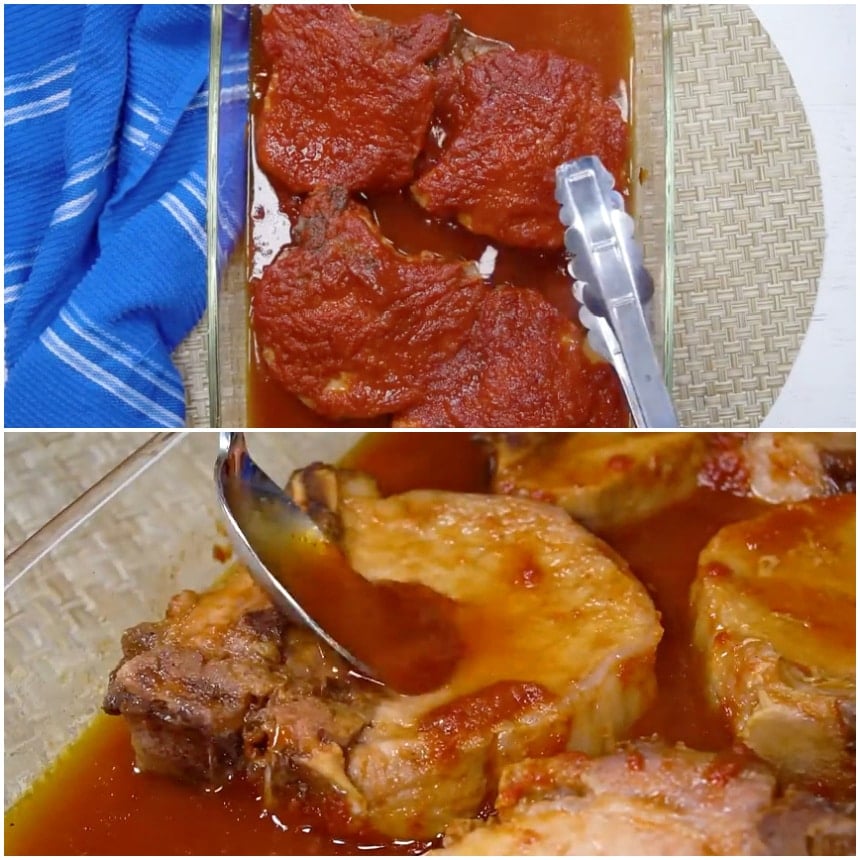 Flipping pork chops and spooning sauce over them.
