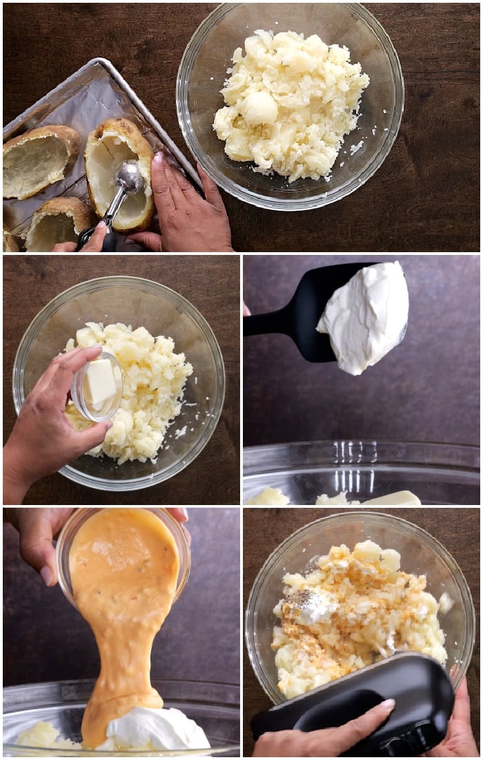 Removing pulp from potatoes and adding sour cream and butter.