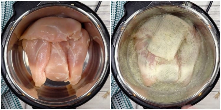 Adding chicken and cream cheese to instant pot.