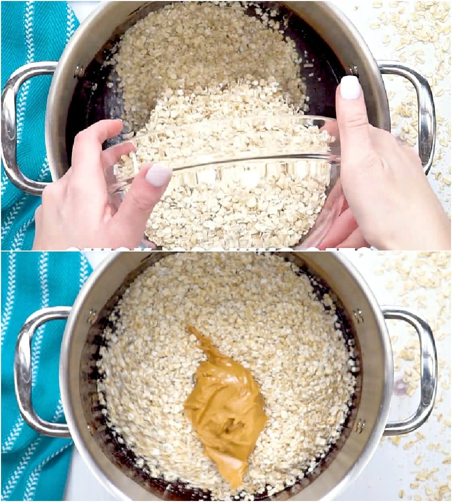 Oats and peanut butter being added in.