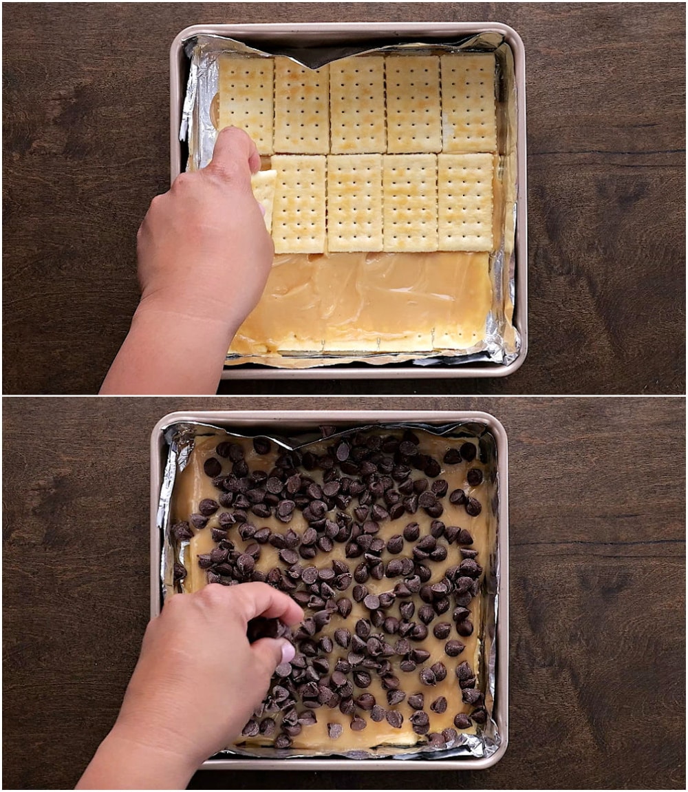 Layering crackers and chocolate chips sprinkled on top.