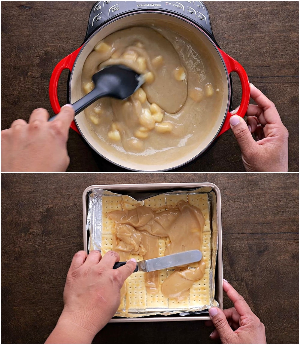 Brown sugar mixture in saucepan and being poured over crackers.