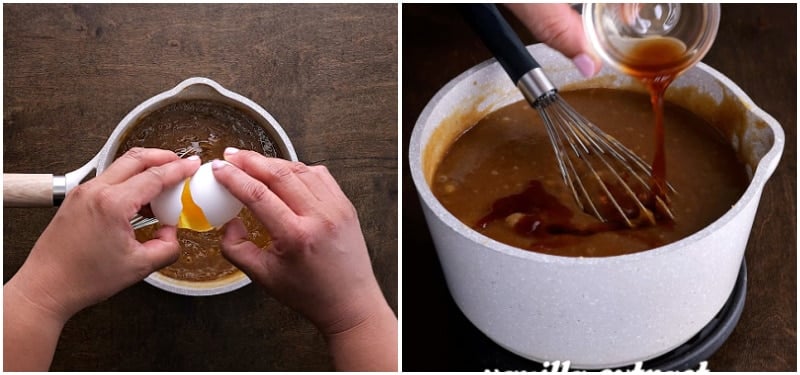 Adding eggs and vanilla.