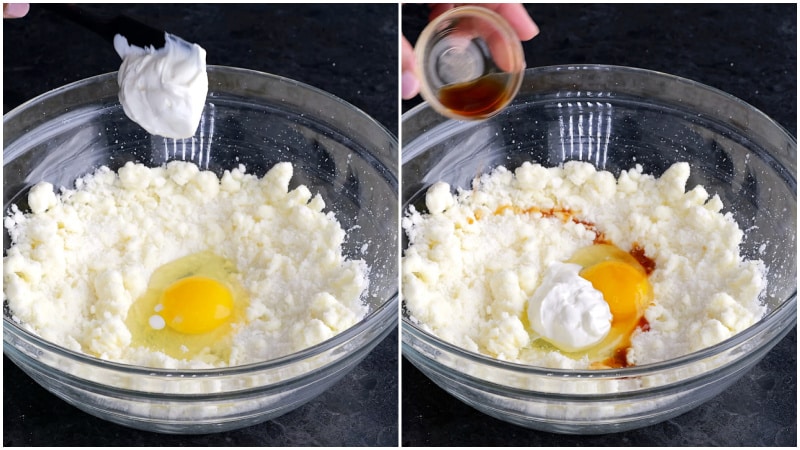 Adding sour cream and vanilla to dough.