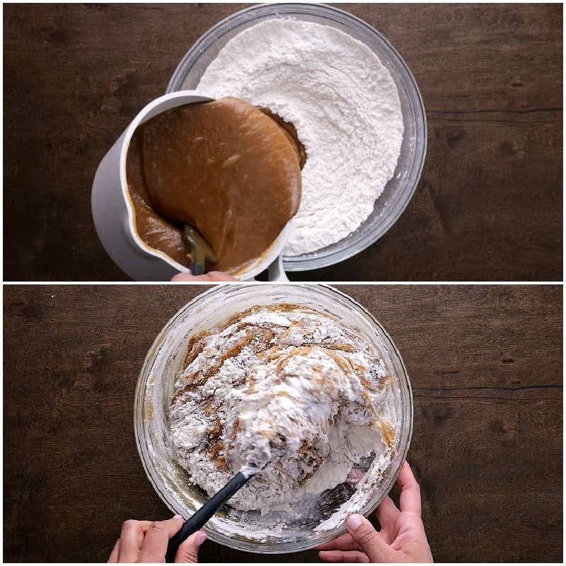 Stirring peanut butter mixture into dry ingredients.