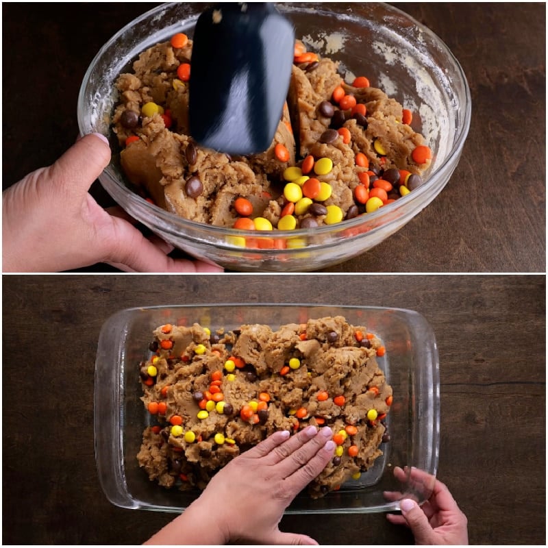 Mixing in Reese's Pieces and placing batter in baking dish.