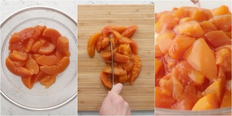 Draining and chopping the peaches.