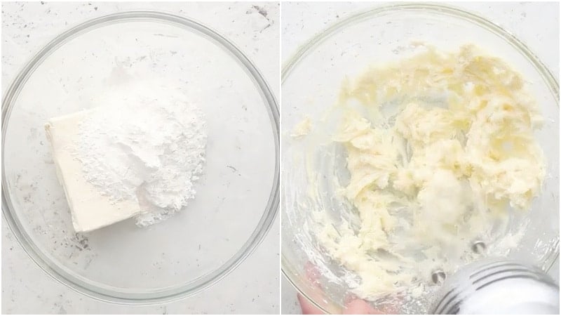 Mixing the cream cheese mixture.