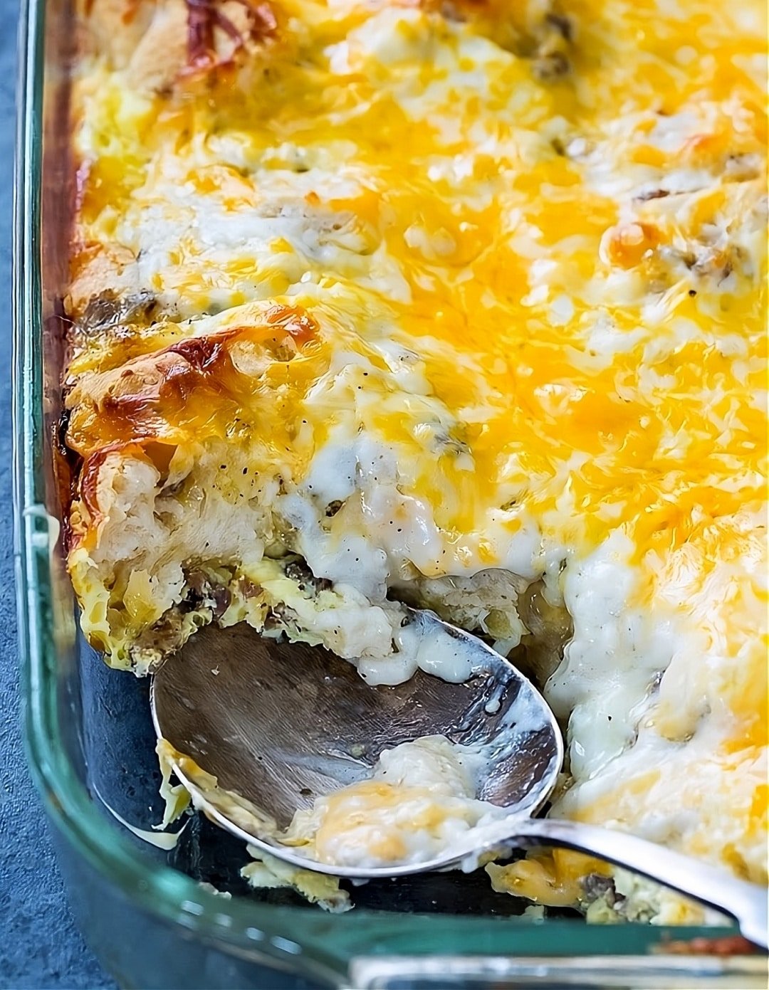 Casserole with a serving spoon going into it.