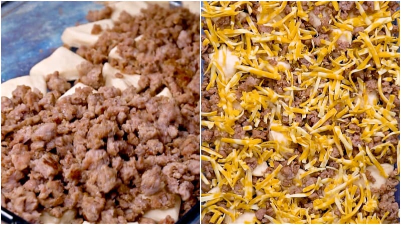 Sausage and cheese layers.