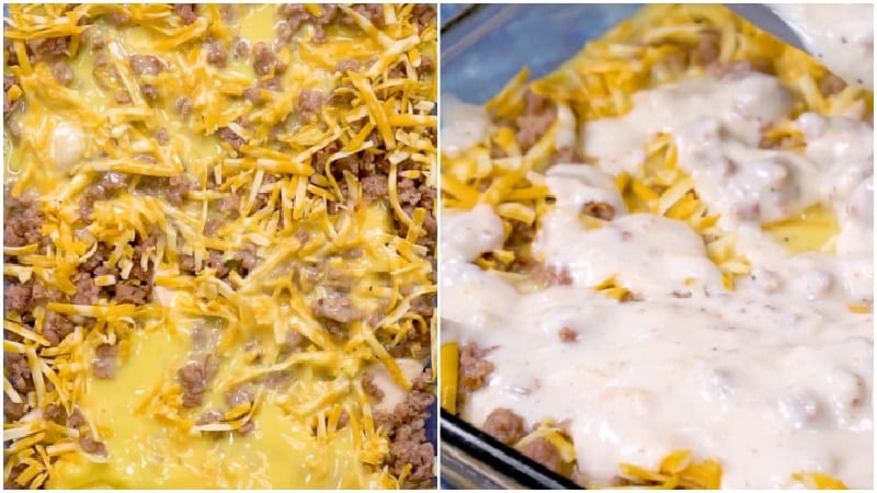 Egg mixture and sausage mixture added.